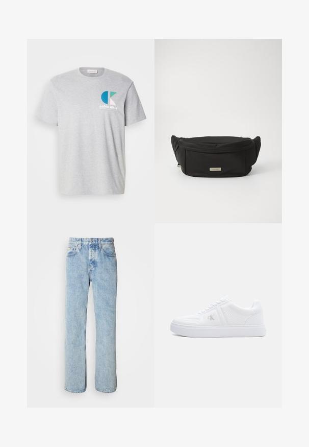 Graues Baumwoll-T-Shirt mit einem mehrfarbigen Calvin Klein-Logo auf der linken Brust, kurzen Ärmeln und einem klassischen Rundhalsausschnitt.; Helle blaue Jeans aus Denim mit geradem Schnitt, fünf Taschen und sichtbaren Nähten. Klassischer Bund mit Knopfverschluss.; Weißer Sneaker mit niedrigem Schaft aus strukturiertem Stoff, Schnürverschluss, flacher Sohle und dezentem "cK"-Logo an der Seitenwand.; Schwarze Nylon-Tasche in Taillenhöhe mit glatter Textur, geschwungener Form und einem vorderen Reißverschlussfach. Mit einem goldenen Logo-Logo.