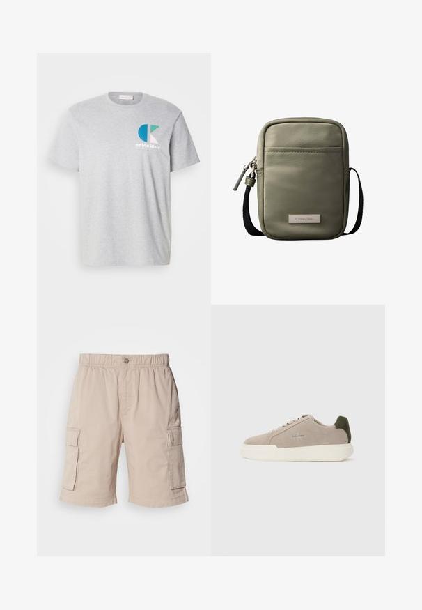 Šedé bavlnené tričko s krátkymi rukávmi, ktoré na ľavej hrudi zdobí multicolorné logo Calvin Klein a má klasický okrúhly výstrih.; Béžové cargo šortky s elastickým pásom, zapínaním na gombík, dvoma bočnými vreckami a ďalšími vreckami na stehnách. Ľahká látka.; Béžové semišové tenisky s bielou gumovou podrážkou, zdobené tmavozeleným akcentom na päte a jemným brandingom na boku.; Kompaktná olivovo zelená kabelka cez rameno s predným vreckom, čiernym nastaviteľným popruhom, zapínaním na zips a menovkou s logom Calvin Klein.