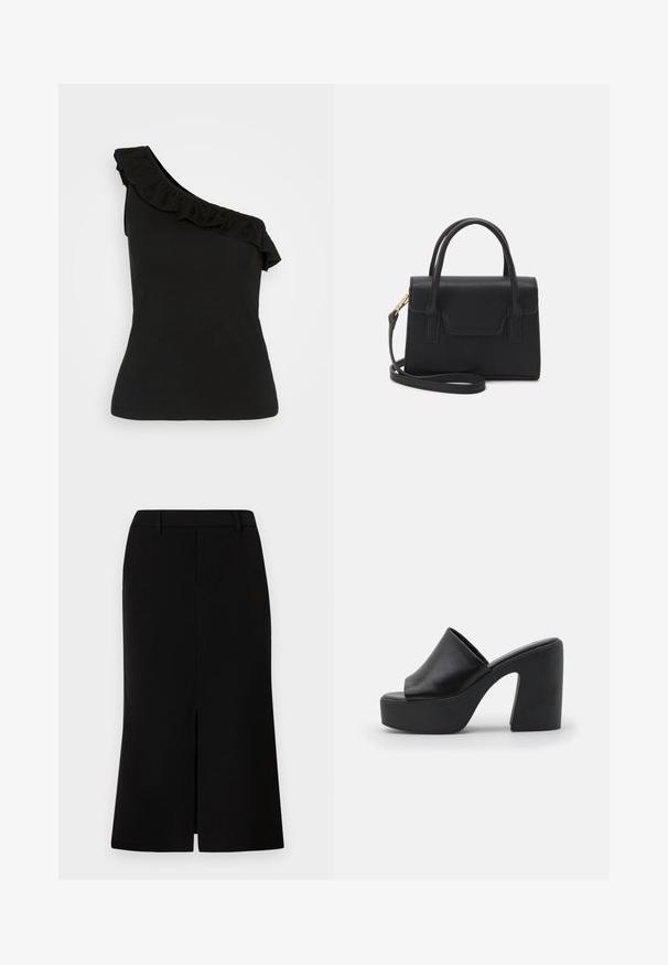 Top negro de un solo hombro con cuello volado, material de algodón suave, diseño ajustado y dobladillo sin costuras. Silueta simple y elegante.; Falda negra hasta la rodilla con una silueta recta, que presenta una abertura frontal, una textura suave y una cintura entallada.; Mules negros de tacón alto con parte superior de cuero suave y suela de plataforma gruesa, que cuentan con un diseño de punta abierta y tacón en bloque inclinado.; Bolso estructurado negro de cuero con un asa superior, correa de hombro desmontable y un detalle de tapa en la parte frontal. Acentos en dorado.