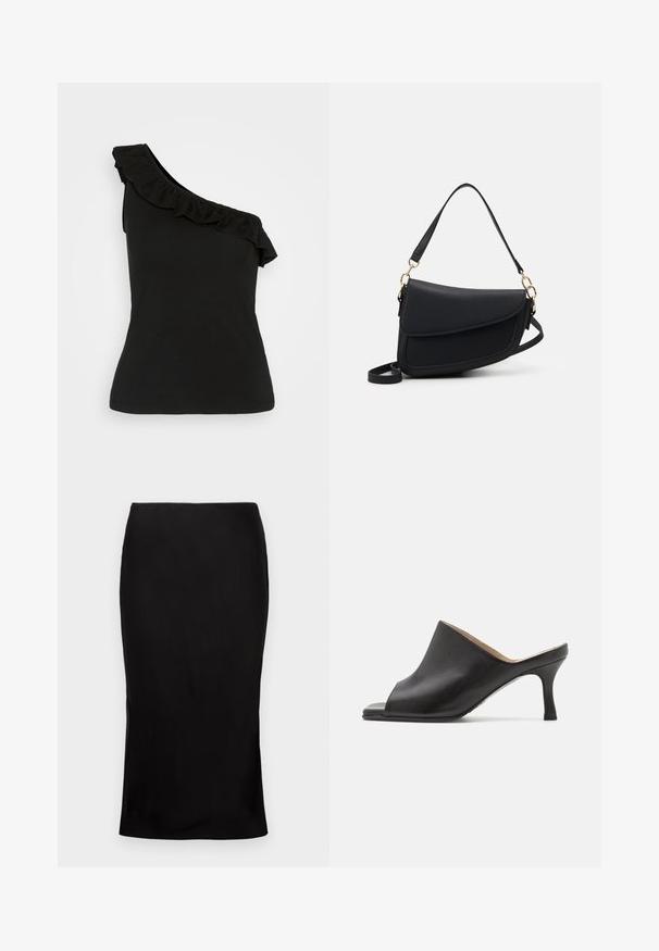 Top negro de un solo hombro con cuello volado, material de algodón suave, diseño ajustado y dobladillo sin costuras. Silueta simple y elegante.; Falda midi negra ajustada con una textura suave, detalle de abertura lateral y una cinturilla clásica. Diseñada para una silueta elegante.; Selected ASHLEY - Mules de tacón - black; Bolso de mano de cuero negro con un acabado texturizado, que cuenta con una sola correa para el hombro y acentos de hardware dorado. El diseño es elegante y minimalista.