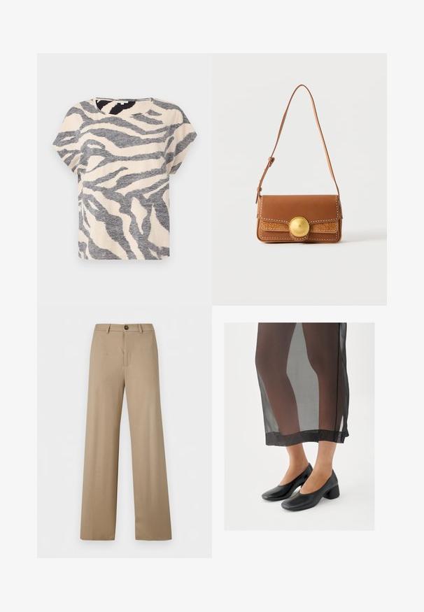 Korte mouwen T-shirt in beige met grijze zebraprinten, ronde hals en zachte, gestructureerde stof. Casual pasvorm met een relaxte silhouet.; Beige broek met hoge taille en wijde pijpen, met riemlussen en een enkele knoopsluiting in de taille.; Zwarte schoenen met blokhak en een gladde leren afwerking, gedragen met een doorschijnende zwarte rok met een nette zoom en minimalistisch ontwerp.; Bruine leren schoudertas met verstelbare riem, witte stiksels, geperst patroon en grote ronde gouden gesp op de voorflap.