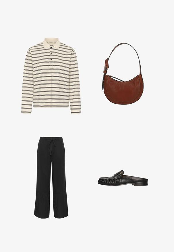 Crèmekleurig poloshirt met lange mouwen, zwarte horizontale strepen en drie zwarte knopen op de voorste knoopsluiting.; Culture CUNAVI CLARINA - Broek - black; Zwarte leren mocassin zonder achterkant met moc-toe stiksel, lage hak en klein gouden embleem op de bovenzijde.; Bruine leren schoudertas met een gebogen vorm, ritssluiting en een afneembare schouderband. Kenmerkt zich door gouden hardware-accenten en zichtbare stiksels.