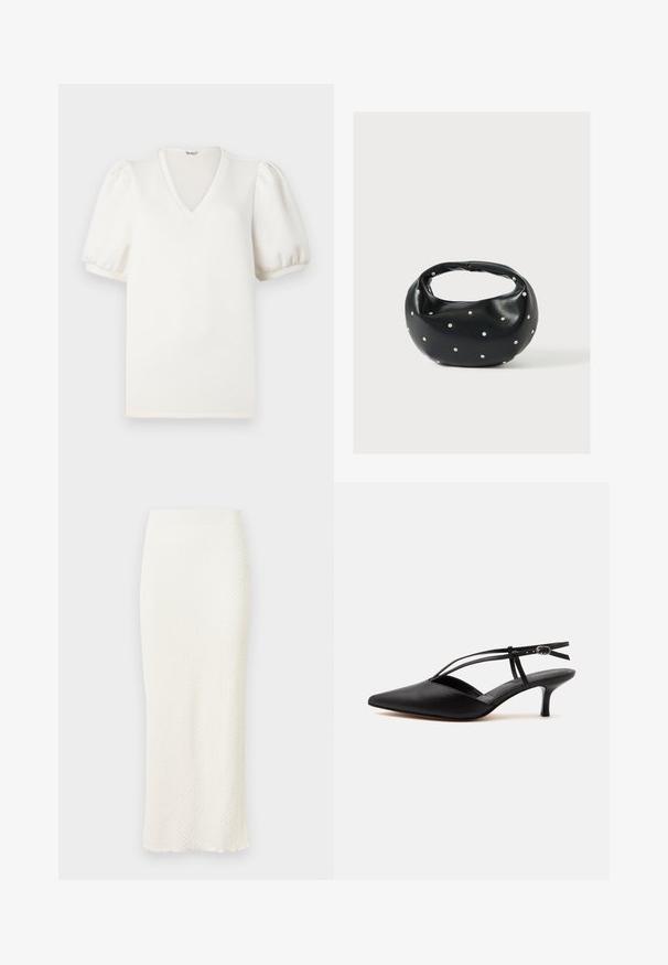 Camiseta blanca de cuello en V con mangas cortas abullonadas. Confeccionada con una tela suave, presenta una superficie lisa y texturizada, y un ajuste relajado.; Falda midi blanca y elegante hecha de un tejido texturizado, que presenta una forma ajustada y un dobladillo sutilmente ondulado para un detalle adicional.; Zapato de piel negra con puntera puntiaguda y tacón kitten, con tira fina en el tobillo y hebilla, diseño slingback, sobre un fondo liso y claro.; Bolso de mano de cuero negro con forma redondeada, decorado con detalles de tachuelas plateadas y un asa corta. Textura lisa y cierre con cremallera.