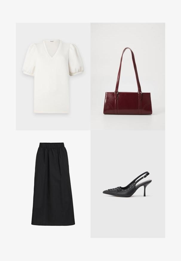 Camiseta blanca de cuello en V con mangas cortas abullonadas. Confeccionada con una tela suave, presenta una superficie lisa y texturizada, y un ajuste relajado.; Falda negra, hasta las rodillas, hecha de tela suave y ligera. Cuenta con una cinturilla elástica y un diseño simple y fluido sin adornos.; Sandal de tacón stiletto negro de cuero con punta afilada, correa lateral con hebilla, tachuelas a lo largo del borde y cordones decorativos en la parte delantera.; Bolso burdeos hecho de material brillante, de forma rectangular, con dos asas para el hombro y sutiles acentos curvados en la parte frontal.