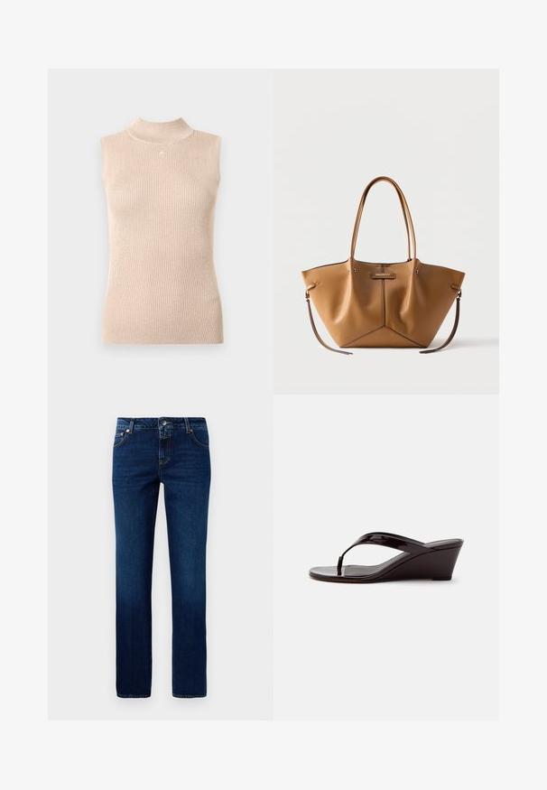Ärmelloses, hochgeschlossenes Top aus weichem, beige geripptem Strickstoff. Verfügt über einen dezenten Glanz, eine körpernahe Passform und ein kleines Logo am Kragen.; Dunkelblaue Jeans aus Denim mit geradem Bein, klassischem Bund, fünf Taschen und dezenten Nähten an den Säumen.; Braune Sandale mit Keilabsatz aus Lackleder mit Zehensteg und offenem Zehenbereich, seitlich auf einfarbigem Hintergrund gezeigt.; Braune Ledertasche mit zwei langen Henkeln, dreieckiger Frontnaht, seitlichen Riemen und dem „Karl Lagerfeld“-Logo in der vorderen Mitte.