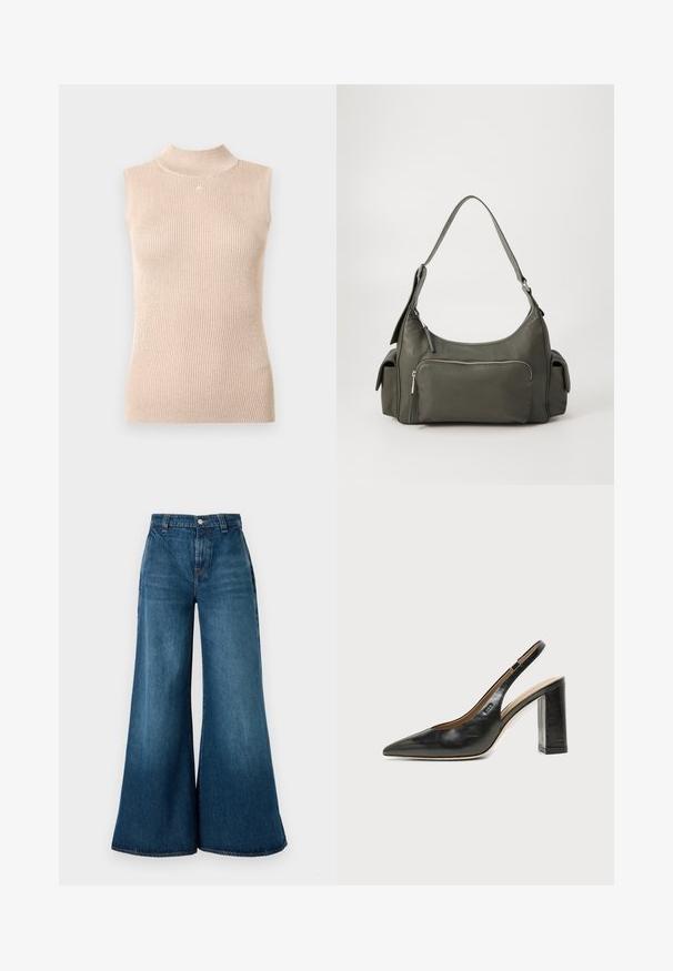 Top sin mangas y de cuello alto en punto acanalado beige suave. Presenta un brillo sutil, forma ajustada y un pequeño logo en el escote.; Jeans de mezclilla de pernera ancha en un acabado azul oscuro, con cintura alta, cierre delantero con botón y diseño clásico de cinco bolsillos. Textura suave.; Zapato slingback de piel negra con puntera puntiaguda, tacón alto y ancho, y forro interior beige sobre un fondo claro y liso.; Bolso de hombro de cuero verde con un diseño curvado, bolsillo con cremallera en la parte frontal y bolsillos adicionales en los laterales. Textura suave y hardware minimalista.