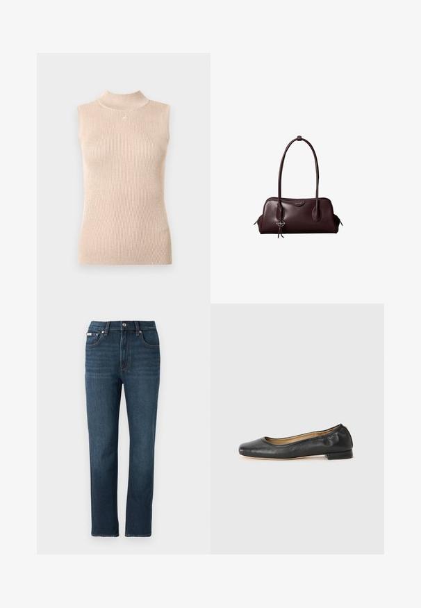 Haut sans manches à col montant en maille côtelée beige doux. Présente un léger éclat, une forme ajustée et un petit logo au niveau de l'encolure.; Jean en denim bleu foncé avec une coupe droite, poches avant, fermeture par bouton et détails de couture subtils sur la taille.; Ballerines en cuir noir avec un bout arrondi et des coutures minimales. Talon bas et rectangulaire avec une texture lisse. Détails subtils de doublure intérieure.; Sac à main en cuir brun foncé Calvin Klein avec de longues poignées doubles et un petit porte-clé logo suspendu à une poignée.