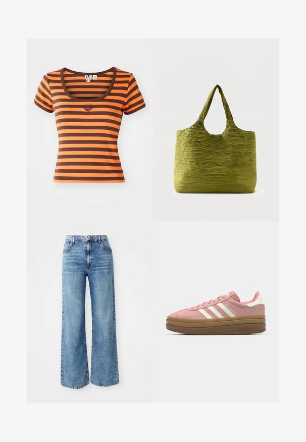Stribet T-shirt med orange og brune nuancer, lavet af ribbet stof. Har en rund halsudskæring og korte ærmer, med et hjerte-logo på brystet.; Lysblå denim bredbente jeans med høj talje, der har fem lommer, knaplukning øverst og kontrastsyninger langs sømmene.; adidas Originals GAZELLE BOLD - Sneakers - mauve/off white; Grøn mulepose med tekstureret, krøllet stof og brede håndtag, vist mod en ensfarvet lys baggrund.
