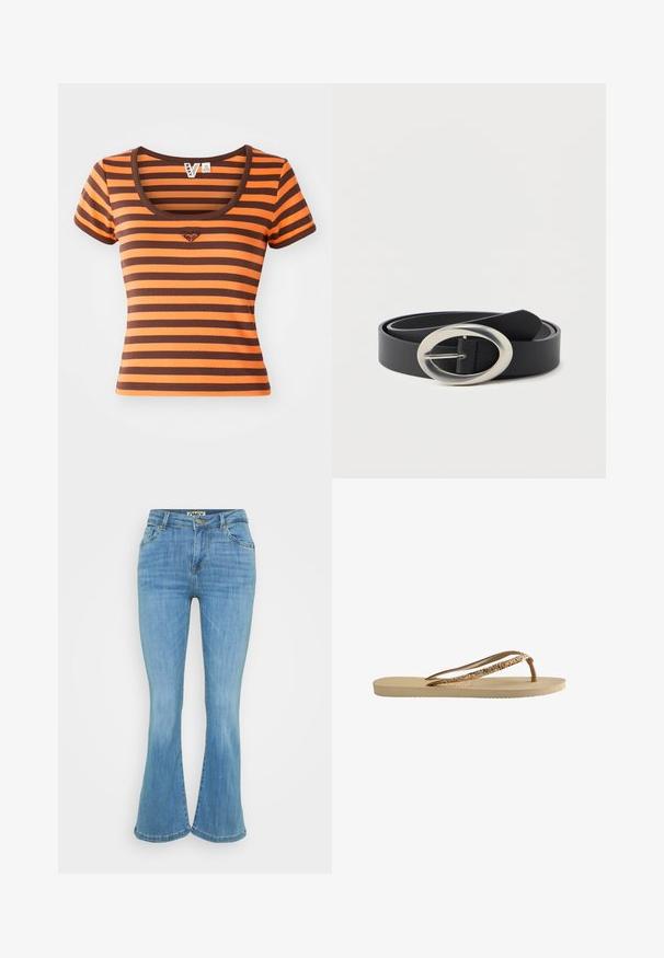 T-shirt rayé avec des nuances d'orange et de marron, en tissu côtelé. Présente un col arrondi et des manches courtes, avec un logo en forme de cœur sur la poitrine.; Jean évasé en denim bleu clair avec une fermeture à boutons sur le devant, un design à cinq poches, et un ourlet cousu, présentant une finition légèrement délavée.; Tongs avec une semelle texturée beige, de fines brides brunes et des accents en paillettes dorées. Design léger adapté à une utilisation décontractée.; Ceinture en cuir noir enroulée avec une boucle en métal argenté en forme d'ovale sur un fond blanc uni.