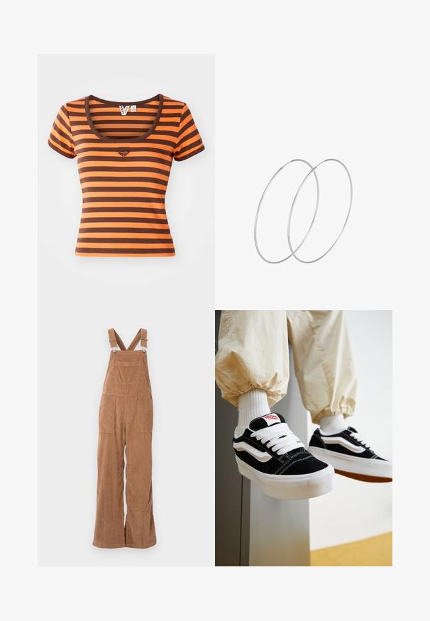 Gestreepte T-shirt in oranje en bruine tinten, gemaakt van ribbelstof. Heeft een ronde halslijn en korte mouwen, met een hartlogo op de borst.; Bruine corduroy salopettes met brede pijpen, verstelbare bandjes en een voorkant vak. Zachte textuur met een verticale ribbelpatroon.; Persoon die zwart-witte Vans sneakers draagt met witte veters, witte sokken en beige broek met elastische manchetten.; Zilveren hoepel oorbellen met een minimalistisch ontwerp. Cirkelvormig, gladde textuur en dun profiel. Lichtgewicht met een gepolijste afwerking.