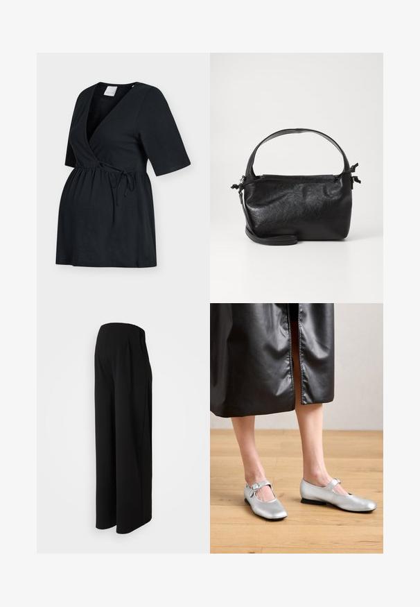 Sort graviditetstop med korte ærmer, V-hals med indpakningsdesign og justerbar bindebånd ved empire-linjen for en behagelig pasform.; Vero Moda Maternity Wide-leg Wide Leg Fit - Bukser - black; Sølv læder balletflade med rund tå og spænde, der har en lav hæl og glat, blank overflade.; Sort læderhåndtaske med et struktureret design, rund tophåndtag og aftagelig skulderrem. Den har en glat tekstur og en subtil glans.
