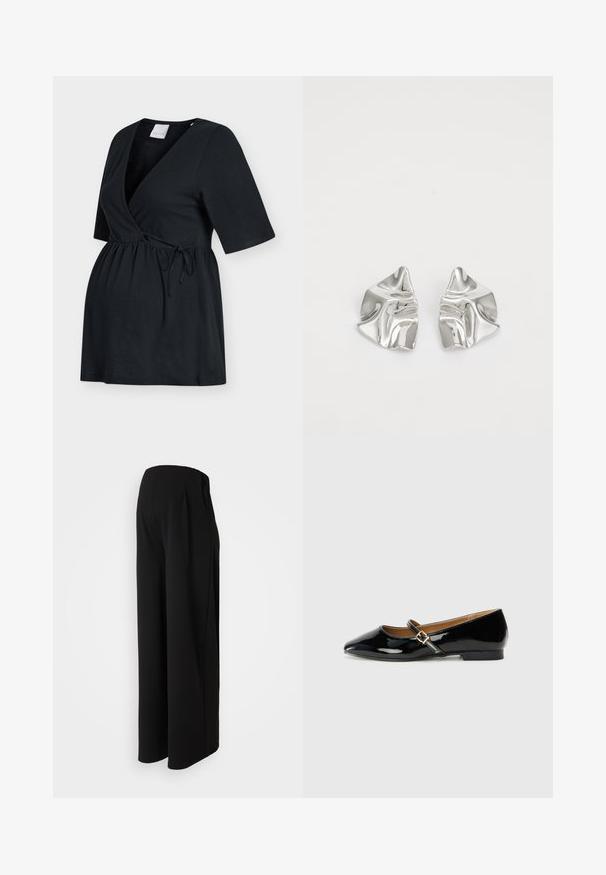 Top de maternidad negro con mangas cortas, diseño cruzado con escote en V y cinturilla ajustable con lazo para un ajuste cómodo.; Vero Moda Maternity Wide-leg Wide Leg Fit - Pantalones - black; Zapato plano de charol negro con punta afilada, tira en el tobillo con hebilla de tono dorado y tacón bajo tipo bloque. Acabado suave y brillante.; Pendientes de metal plateado con un diseño ondulado y escultórico, que presentan un acabado pulido y formas irregulares, destacando una estética contemporánea.