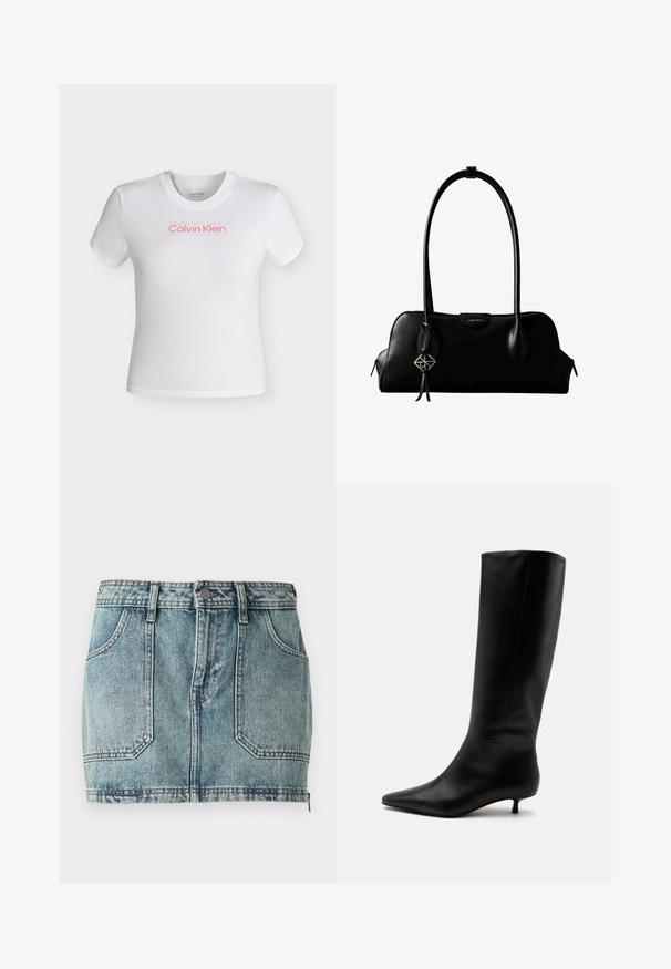 Weißes kurzärmeliges, bauchfreies T-Shirt mit rundem Ausschnitt, mit rotem "Calvin Klein"-Logo und schwach sichtbarem "SPORT"-Schriftzug darüber auf der Brust.; Helles, blaues Denim-Minirock mit Fünf-Taschen-Design, Gürtelschlaufen, Metallknopfverschluss und kontrastierenden Nähten.; Schwarzer kniehoher Lederstiefel mit spitz zulaufender Schuhspitze und niedrigem Kittenabsatz vor einem schlichten hellen Hintergrund.; Schwarze Lederhandtasche von Calvin Klein mit langen Henkeln, einem vorderen Logo-Tag und einem silbernen geometrischen Anhänger, der an einem Henkel hängt.