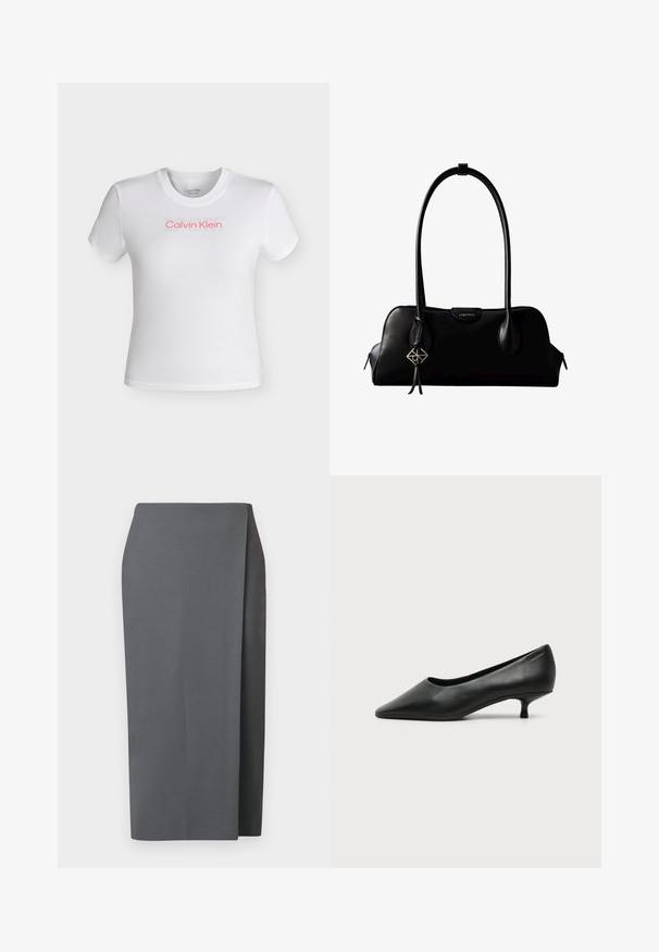Λευκό cropped t-shirt με κοντά μανίκια και στρογγυλή λαιμόκοψη, με το λογότυπο "Calvin Klein" σε κόκκινο και αχνό κείμενο "SPORT" πάνω από αυτό στο στήθος.; Γκρι φούστα μήκους μέχρι το γόνατο με κομψό σχέδιο. Κατασκευασμένη από λείο ύφασμα, διαθέτει πλαϊνή σχισμή και καθαρές γραμμές για μια μινιμαλιστική εμφάνιση.; Γυναικείο μαύρο δερμάτινο παπούτσι με χαμηλό τακούνι, μυτερό μπροστινό μέρος και μικρό τακούνι kitten σε απλό ανοιχτό φόντο.; Μαύρη δερμάτινη τσάντα Calvin Klein με μακριές λαβές, μπροστινή ετικέτα με το λογότυπο και ασημένιο γεωμετρικό γούρι που κρέμεται από τη μία λαβή.