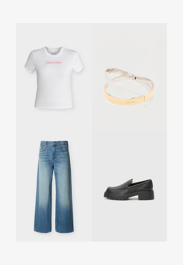 T-shirt court blanc à manches courtes avec col rond, arborant le logo "Calvin Klein" en rouge et un texte "SPORT" discret au-dessus sur la poitrine.; Jean en denim bleu à jambes larges avec un délavage clair estompé sur l'avant des cuisses, des poches avant, des passants de ceinture, et une fermeture par bouton.; Mocassins en cuir noir avec un bout arrondi, une semelle épaisse et texturée, et des détails de couture minimalistes. Design épuré sans lacets ni métal visibles.; Bracelets en métal poli entrelacés en tons argent et or, l'un gravé du logo "Calvin Klein", sur un fond blanc.