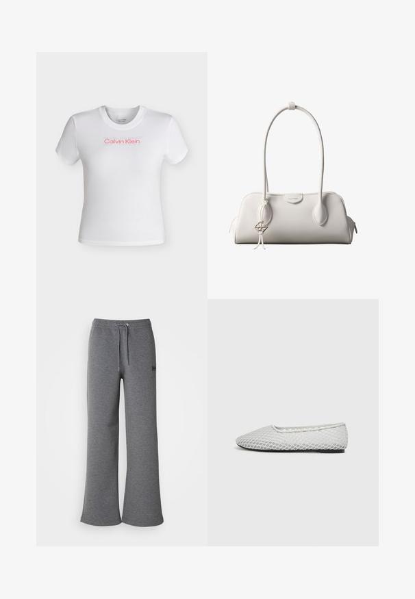 Camiseta corta de manga corta blanca con cuello redondo, con el logo "Calvin Klein" en rojo y texto tenue "SPORT" encima en el pecho.; Pantalones de chándal grises hechos de una tela suave, con una cinturilla con cordón, piernas anchas y un discreto detalle de logo en el lateral.; Zapato plano en material de malla blanca, con punta afilada y un diseño minimalista. Superficie texturizada con un forro suave.; Bolso de hombro blanco de Calvin Klein con asas largas, forma rectangular, cierre de cremallera y charm decorativo con el logo colgando cerca del asa.