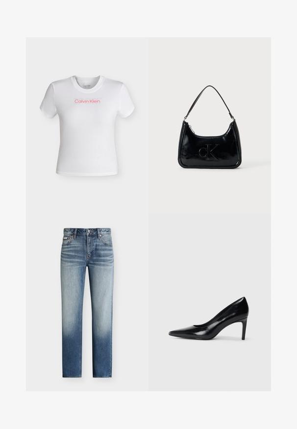 Λευκό cropped t-shirt με κοντά μανίκια και στρογγυλή λαιμόκοψη, με το λογότυπο "Calvin Klein" σε κόκκινο και αχνό κείμενο "SPORT" πάνω από αυτό στο στήθος.; Μπλε τζιν με ίσια γραμμή, ξεθωριασμένη πλύση, στυλ με πέντε τσέπες και κουμπί στο ύψος της μέσης.; Μαύρο δερμάτινο ψηλοτάκουνο παπούτσι με μυτερή μύτη, λεία υφή και κοφτό τακούνι. Μινιμαλιστικός σχεδιασμός, χωρίς επιπρόσθετες διακοσμήσεις.; Μαύρη τσάντα πατεντέ δέρμα με καμπύλη λαβή, κλείσιμο με φερμουάρ και ανάγλυφο λογότυπο "cK" στο μπροστινό μέρος. Λείος υφής, δομημένο σχήμα.