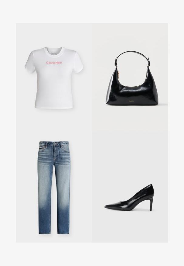 Λευκό cropped t-shirt με κοντά μανίκια και στρογγυλή λαιμόκοψη, με το λογότυπο "Calvin Klein" σε κόκκινο και αχνό κείμενο "SPORT" πάνω από αυτό στο στήθος.; Μπλε τζιν με ίσια γραμμή, ξεθωριασμένη πλύση, στυλ με πέντε τσέπες και κουμπί στο ύψος της μέσης.; Μαύρο δερμάτινο ψηλοτάκουνο παπούτσι με μυτερή μύτη, λεία υφή και κοφτό τακούνι. Μινιμαλιστικός σχεδιασμός, χωρίς επιπρόσθετες διακοσμήσεις.; Μαύρη γυαλιστερή τσάντα Calvin Klein με χρυστό φερμουάρ και κοντό λουρί σε απλό λευκό φόντο.