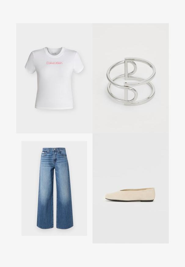 Λευκό cropped t-shirt με κοντά μανίκια και στρογγυλή λαιμόκοψη, με το λογότυπο "Calvin Klein" σε κόκκινο και αχνό κείμενο "SPORT" πάνω από αυτό στο στήθος.; Μπλε τζιν παντελόνι με φαρδιά πόδια, κουμπί και φερμουάρ μπροστά, στυλ με πέντε τσέπες και διακριτικές ξεβαμμένες λεπτομέρειες στους μηρούς και τα γόνατα.; Σουέντ μπαλαρίνα σε μπεζ απόχρωση με στρογγυλή μύτη, επίπεδη σόλα και μίνιμαλ σχεδιασμό. Λείος υφασμάτινος καμβάς χωρίς ορατά εξαρτήματα ή διακοσμητικά στοιχεία.; Ασημένιο μεταλλικό βραχιόλι με διπλό βρόχο, με λείο και γυαλιστερό φινίρισμα και μινιμαλιστική γεωμετρική λεπτομέρεια.