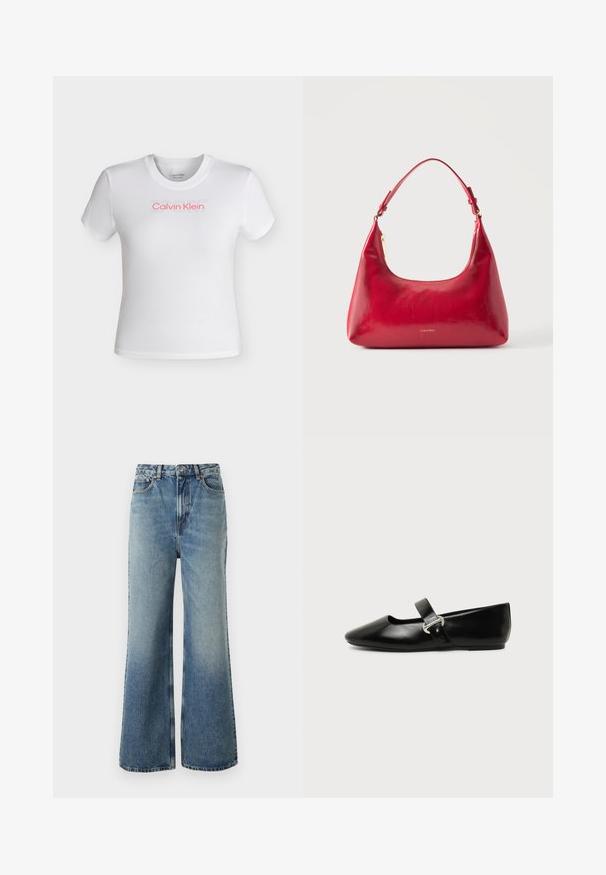 Λευκό cropped t-shirt με κοντά μανίκια και στρογγυλή λαιμόκοψη, με το λογότυπο "Calvin Klein" σε κόκκινο και αχνό κείμενο "SPORT" πάνω από αυτό στο στήθος.; Ανοιχτού μπλε τζιν παντελόνι με ψηλή μέση, φαρδιά γραμμή, ελαφριά ξεθωριασμένα σημεία και αντίθετες ραφές; διαθέτει μπροστινές τσέπες και κούμπωμα με κουμπί.; Μαύρο δερμάτινο παπούτσι Mary Jane με επίπεδη σόλα, στρογγυλεμένη μύτη και ασημένια αγκράφα σε απλό φόντο.; Κόκκινη δερμάτινη τσάντα ώμου με χρυστό φερμουάρ και ρυθμιζόμενο ιμάντα, λογότυπο Calvin Klein στο κέντρο μπροστά.