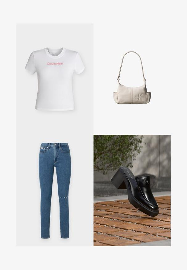Λευκό cropped t-shirt με κοντά μανίκια και στρογγυλή λαιμόκοψη, με το λογότυπο "Calvin Klein" σε κόκκινο και αχνό κείμενο "SPORT" πάνω από αυτό στο στήθος.; Ξεθωριασμένο μπλε τζιν παντελόνι με στενή γραμμή, με σκισμένη λεπτομέρεια στο δεξί γόνατο και κλασικό σχέδιο με πέντε τσέπες.; Μαύρο δερμάτινο slip-on mule από Calvin Klein με χοντρό τακούνι που ακουμπά σε ξύλινα πλακάκια σε εξωτερικό χώρο κοντά σε ένα πράσινο φυτό και γκρίζο τοίχο.; Μικρό μπεζ δερμάτινο τσαντάκι ώμου με ρυθμιζόμενο ιμάντα και ανάγλυφο λογότυπο Calvin Klein στο κέντρο μπροστά.