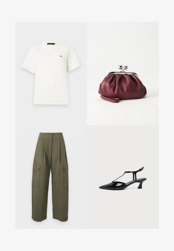 T-shirt blanc à manches courtes avec col rond, petit logo papillon noir sur le côté gauche de la poitrine et étiquette noire à l'intérieur du col.; Pantalon cargo vert olive à coupe décontractée, doté de deux poches latérales et d'une fermeture à boutons, confectionné dans un tissu léger et texturé.; Chaussure slingback en cuir verni noir à bout pointu avec bride en T et petit talon bloc incliné sur fond blanc.; Petit sac pochette en cuir bordeaux avec fermoir métallique argenté et bracelet sur fond blanc.