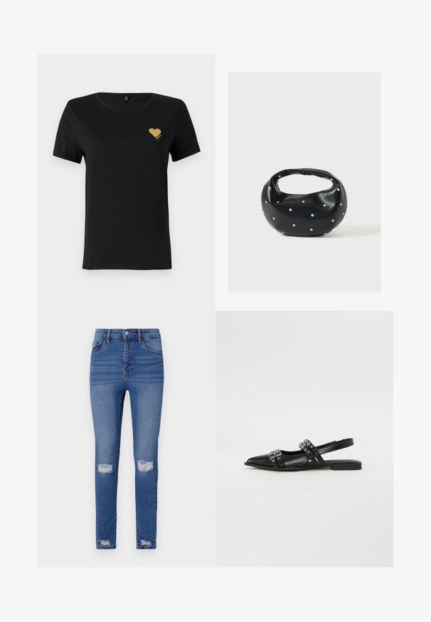 Zwarte katoenen t-shirt met korte mouwen, voorzien van een klein gouden glitters hartontwerp op de linkerkant van de borst. Crew neck stijl.; Slanke blauwe jeans met een vervaagde wassing, voorzien van twee kniewonden, vijf zakken, een knoopsluiting en riemlussen. Katoenmix stof.; Even&Odd Slingback ballerina´s - black; Zwarte leren handtas met een afgeronde vorm, versierd met zilveren studs, en een korte handgreep. Gladde textuur en ritsluiting.