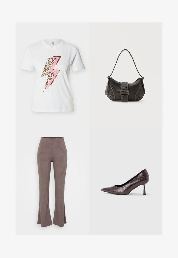Wit T-shirt met korte mouwen en een grote bliksemschichtafbeelding met beige luipaardprint, roze en gouden accenten op het midden van de voorkant.; Bruine geribbelde flared broeken met een hoge, rekbare tailleband en een zachte textuur, met een subtiel verticaal patroon in het geheel.; Bruine nepleren pumps met een puntige neus en krokodillenstructuur, voorzien van een slanke, hoekige hak en een gladde binnenvoering.; Zwarte leren schoudertas met gespsluiting aan de riem, afgeronde hoeken en contrasterende witte stiksels op een effen achtergrond.