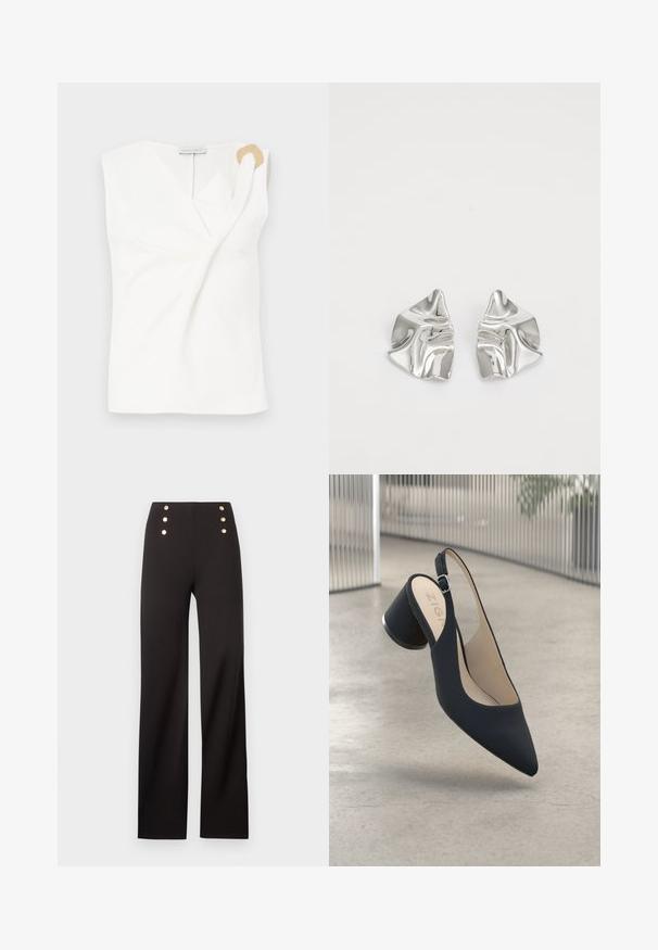Ärmellose weiße Bluse mit einem Wickeldesign, die ein dekoratives Ringdetail in goldfarbener Ausführung auf der rechten Schulter aufweist.; Schwarz hochtaillierte Hosen mit weitem Bein und sechs goldfarbenen Zierknöpfen, die in zwei vertikalen Reihen nahe dem Bund angeordnet sind.; Schwarzer Slingback-High-Heel-Schuh mit spitz zulaufender Zehenpartie, glatter Textur und einem Metallelement am Absatz, ausgestattet mit einer kleinen verstellbaren Schnalle.; Silberne Metallohrringe mit einem wellenförmigen, skulpturalen Design, das eine polierte Oberfläche und unregelmäßige Formen aufweist, die eine zeitgenössische Ästhetik betonen.