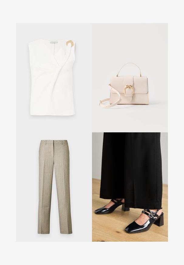 Ärmellose weiße Bluse mit einem Wickeldesign, die ein dekoratives Ringdetail in goldfarbener Ausführung auf der rechten Schulter aufweist.; Beige Nadelstreifenhose mit geradem Bein, ausgestattet mit einem strukturierten Bund und feiner Struktur im gesamten Stoff.; Schwarze Lackleder-Slingback-Schuhe mit quadratischen Zehen, ausgestattet mit doppelt verstellbaren Knöchelriemen und Blockabsätzen. Glatte, glänzende Oberfläche.; Beige strukturierte Handtasche mit obere Trageschlaufe, abnehmbarem Schulterriemen und goldfarbenem, gebogenem Schnappverschluss vor hellem Hintergrund.
