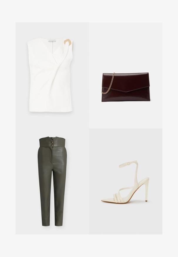 Blouse sans manches blanche avec un design croisé, présentant un détail décoratif en forme d'anneau doré sur l'épaule droite.; Pantalon taille haute en simili cuir vert olive avec jambes fuselées et fermeture décorative à double bouton à la taille.; Sandales à talons hauts beiges avec un bout pointu, comportant trois brides à l'avant et une fine bride à la cheville avec une boucle. Texture lisse, design minimaliste.; Sac à main en cuir de couleur bordeaux foncé avec un design en forme d'enveloppe. Il dispose d'une anse en chaîne dorée, d'une texture lisse et d'une fermeture en pointe.