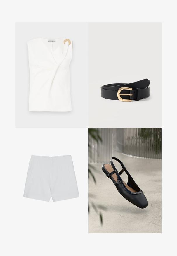 Ærmeløs hvid bluse med en indpakningsdesign, der har en guldfarvet dekorativ ringdetalje på den højre skulder.; Hvide shorts med et skræddersyet design, flad front, to sidelommer og en ren kant. Fremstillet af et glat stof uden synlige mønstre.; Sorte læder slingback flade sko med firkantet tå, prydet med en blank patenteret kant og justerbare remme for en sikker pasform.; Sort læderbælte snoet med en skinnende gylden buet spænde og en bæltestrop på en ensfarvet hvid baggrund.
