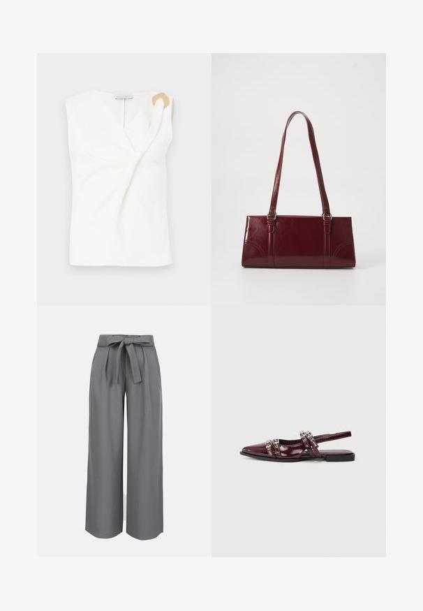 Blouse sans manches blanche avec un design croisé, présentant un détail décoratif en forme d'anneau doré sur l'épaule droite.; Pantalon gris à jambes larges taille haute avec plis et ceinture à nouer à la taille.; Chaussure plate slingback en cuir verni bordeaux avec un bout pointu, présentant des lanières décoratives avec des accents métalliques.; Sac à main bordeaux en matériau brillant, de forme rectangulaire, avec deux anses et des accents légèrement courbés à l'avant.
