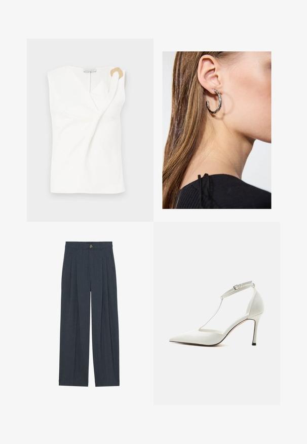 Blouse sans manches blanche avec un design croisé, présentant un détail décoratif en forme d'anneau doré sur l'épaule droite.; Pantalons larges en tissu texturé gris foncé, avec des plis avant, une fermeture à bouton et des poches latérales pour plus de fonctionnalité.; Escarpin blanc à bout pointu avec fine bride de cheville et boucle, finition lisse et talon stiletto fin sur un fond uni.; Boucle d'oreille en argent avec une finition polie, présentant de petits détails en or et de forme ronde, portée sur le lobe.