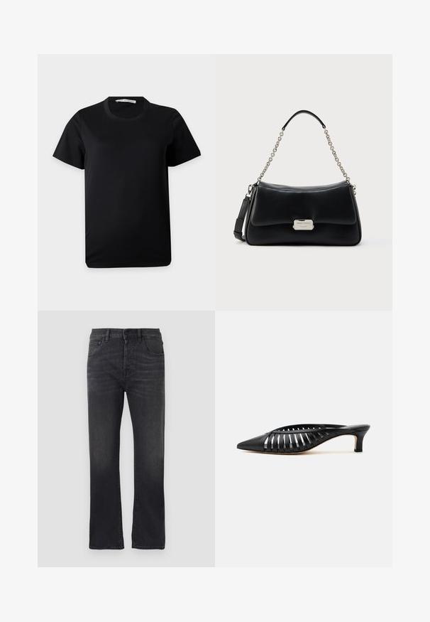 Eenvoudig zwart T-shirt met korte mouwen en ronde hals, plat gelegd op een witte achtergrond met een zichtbaar merklabel in de kraag.; Zwarte denim jeans met een rechte pijp, voorzien van een klassieke vijf-pocketstijl, knoopsluiting en subtiele vervaging op de stof.; Zwarte leren mule met puntige neus, riemdesign met uitsnijdingen en lage kittenhiel op een witte achtergrond.; Zwarte leren handtas met een gebogen vorm, ketting- en leren handvat, zilveren beslag en een geperst logo op de voorkant.