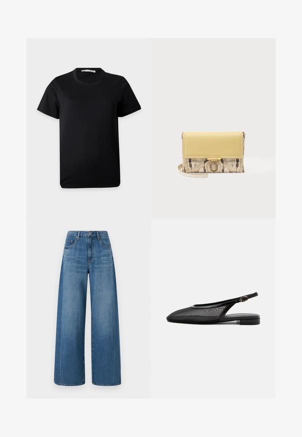Ein schlichtes schwarzes T-Shirt mit kurzen Ärmeln und Rundhalsausschnitt, flach auf einem weißen Hintergrund liegend, mit sichtbar angebrachtem Markenlabel im Kragen.; Hellebluejeans mit weitem Bein und mittlerem Wasch-Effekt, mit hoher Taille, fünf Taschen und subtilen Abnutzungen. Aus Denim mit einer glatten Textur gefertigt.; Schwarzer Slingback-Flachschuh mit spitzer Kappe, Mesh-Obermaterial, verstellbarem Schnallenriemen und niedrigem Blockabsatz auf weißem Hintergrund.; Kleine Clutch-Tasche mit gelber Lederklappe und Schlangenprint-Korpus, mit dünnem Handgelenksriemen und Verschluss in Goldoptik auf einfarbigem Hintergrund.