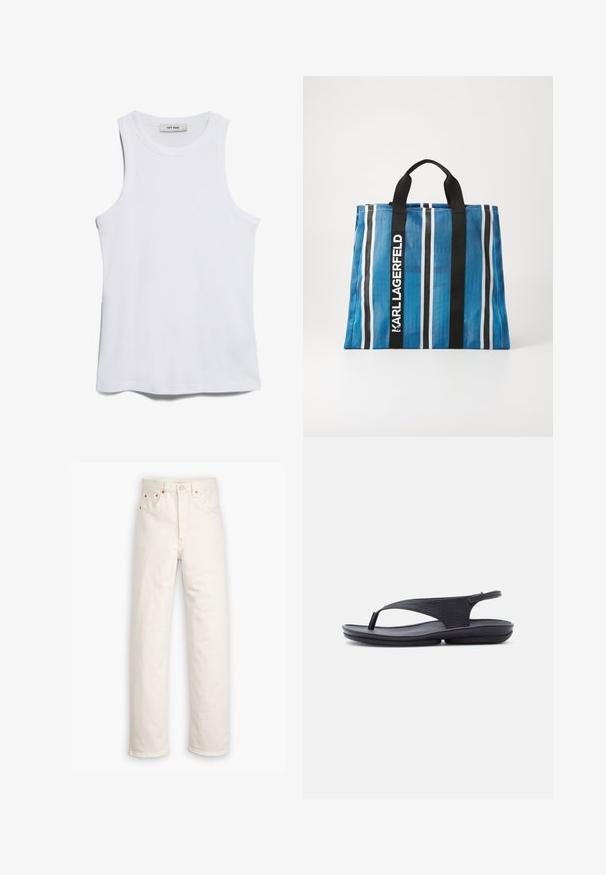 Débardeur blanc à côtes, avec un col rond et de larges emmanchures. Présente une texture lisse et un ourlet droit. L'étiquette indique "IVY OAK."; Jeans en denim blanc avec un design à jambe droite, style cinq poches et accents en métal cuivré. Finition effilochée au niveau des chevilles.; Sandale noire en cuir à lanière avec une semelle basse et une sangle arrière sur un fond blanc uni, vue de côté.; Sac fourre-tout à rayures bleues avec des poignées noires, détail de logo en blanc et un matériau texturé durable. Conçu avec des rayures verticales et horizontales.
