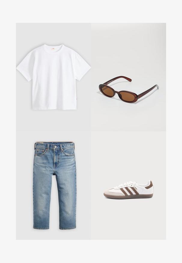 T-shirt en coton blanc à manches courtes, col rond, coupe décontractée, texture lisse, avec une petite étiquette logo sur la couture latérale gauche.; Jean en denim bleu clair à coupe décontractée, longueur raccourcie, cinq poches, et fermeture par bouton en métal. Texture délavée avec des détails de surpiqûres subtils.; Baskets Adidas Samba blanches avec des bandes en daim marron, semelle en caoutchouc marron et bout en daim beige, vues du côté extérieur sur un fond uni.; Lunettes de soleil rondes teinte brun avec une monture bordeaux brillante. Branches fines avec un détail de marque subtil. Design de verres plats.