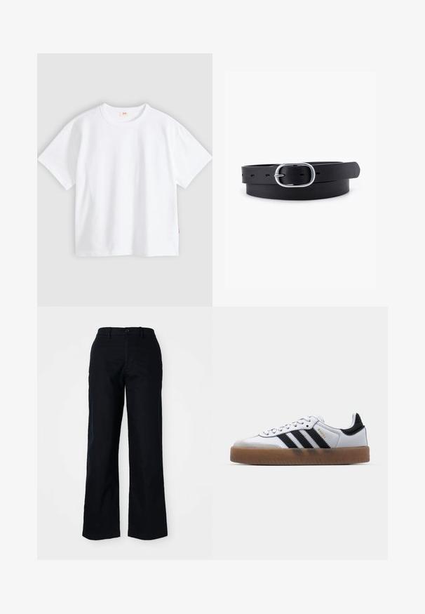 Camiseta blanca de algodón con mangas cortas, cuello redondo, ajuste holgado, textura suave y una pequeña etiqueta con logotipo en la costura del lado izquierdo.; Pantalones negros de pierna ancha hechos de algodón. Presentan un cierre frontal con botón, presillas para cinturón y una textura suave. Sin patrones o acentos notables.; Zapatillas de cuero blancas con rayas negras, suela de goma, puntera redonda, cierre de cordones y caperuza de ante gris suave.; Cinturón de cuero negro con una textura suave, hebilla ovalada de metal plateado y múltiples agujeros de ajuste a lo largo de la correa. Diseño plano y minimalista.
