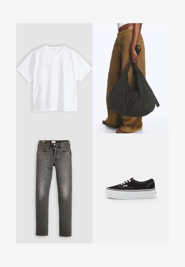 T-shirt en coton blanc à manches courtes, col rond, coupe décontractée, texture lisse, avec une petite étiquette logo sur la couture latérale gauche.; Jean en denim gris avec une coupe droite, texture usée, décoloration subtile, rivets en cuivre et une fermeture à bouton classique.; Baskets en toile noires avec une semelle en caoutchouc blanc, dotées de lacets et de coutures blanches, marquage emblématique sur le côté, design basse.; Personne portant un pantalon marron à jambes larges et un haut blanc tenant un grand sac à main noir souple par sa lanière à côté d'elle.