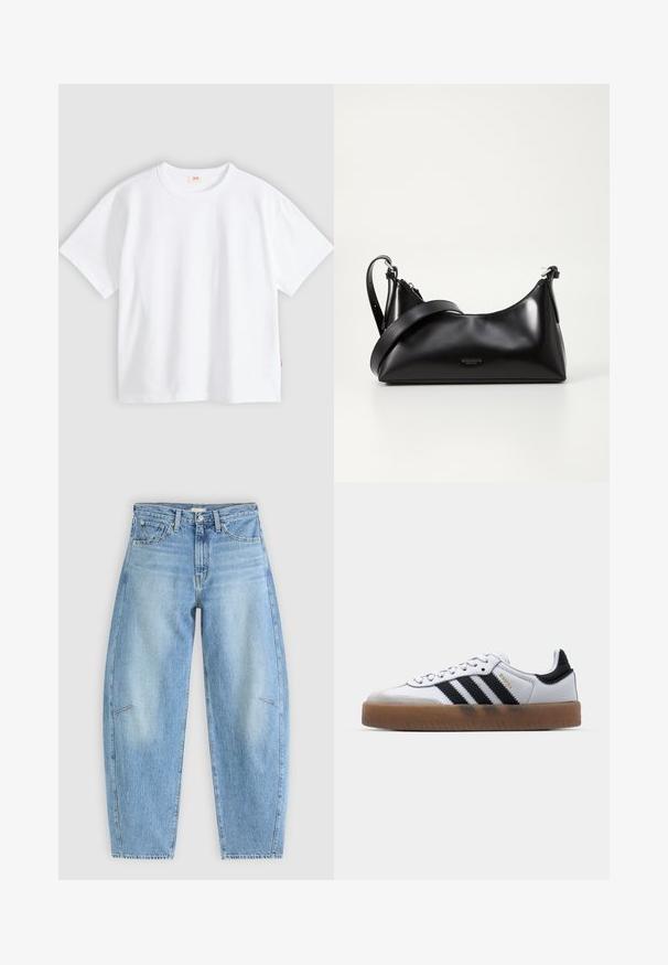 Hvid bomuld t-shirt med korte ærmer, rund hals, afslappet pasform, glat tekstur og en lille logolabel på venstre sidesøm.; Lyseblå denimjeans med en afslappet pasform, der har høj talje, lige ben og diskrete syninger på frontlommen.; Hvide lædersneakers med sorte striber, gummirubber sål, rund tå, snørelukning og blød grå ruskinds tåhætte.; Sort læderhåndtaske med en glat tekstur. Har en justerbar stropp og et enkelt, minimalistisk design med lynlås.