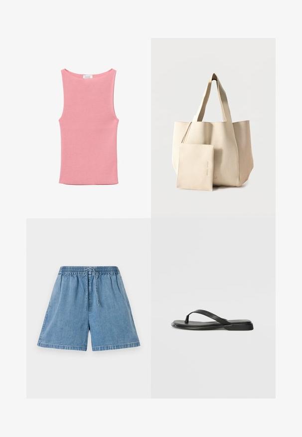 Top de punto sin mangas con canalé rosa, escote redondo y dobladillo recto.; Pantalones cortos de mezclilla en azul claro con cintura elástica y cordón. Cuentan con bolsillos laterales y un ajuste relajado con dobladillos cosidos.; Chancla negra de piel suave, con un diseño de tira delgada y una suela plana de perfil mínimo. Sin patrones ni acentos notables.; Bolso tote grande beige con textura acanalada y bolsa desmontable a juego con cremallera en la parte delantera sobre un fondo liso.