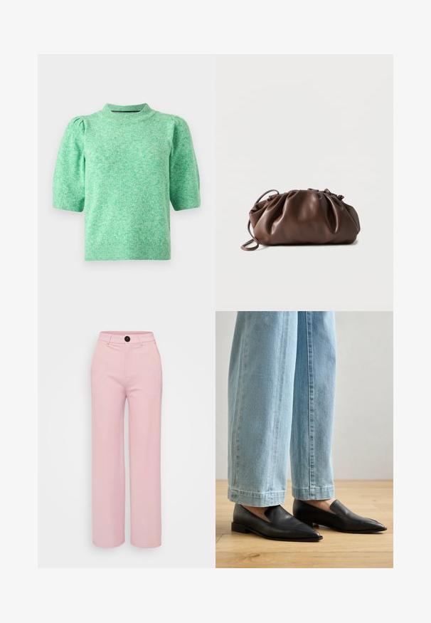 Pull-over à manches courtes de couleur vert clair, en tissu tricoté texturé. Il présente un col montant et des manches froncées.; Pantalons large en rose clair avec une texture lisse, dotés d'un bouton noir et d'une taille classique. Aucune poche supplémentaire visible.; Chaussures en cuir noir à bout pointu et à enfilage, associées à un jean large bleu clair, sur un sol en bois.; Sacoche en cuir marron doux avec un haut froncé et une fine bandoulière, posée sur un fond blanc.