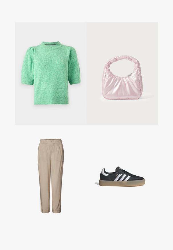 Jersey de manga corta en verde claro, confeccionado en tejido de punto texturizado. Cuenta con cuello alto y mangas fruncidas.; Pantalones beige con cintura elástica, dos bolsillos frontales, diseño de pierna entallada y textura suave. Adecuados para un uso casual o relajado.; Zapatilla deportiva de cuero negro con tres rayas plateadas, punta texturizada y suela de goma. Cuenta con un collar acolchado y un diseño con cordones.; Bolso de mano acolchado en color rosa con un diseño redondeado, fabricado en material brillante. Presenta un asa fruncida y un cierre de cremallera para un acceso seguro.
