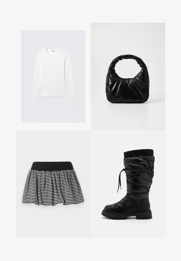 T-shirt blanc uni à manches longues avec col rond et coupe slim, présenté sur un fond gris clair.; Jupe à rayures noires et blanches avec un design plissé et une taille élastique, fabriquée en matériau doux. Présente une forme évasée pour plus de volume.; Bottes noires montantes en cuir avec une texture matelassée, dotées d'un laçage, d'un revers côtelé contrastant en haut et d'une semelle épaisse et robuste.; Sac à main noir rembourré avec une poignée arrondie, présentant une surface lisse et brillante ainsi qu'une texture douce et matelassée. Pas de quincaillerie ou d'accents visibles.