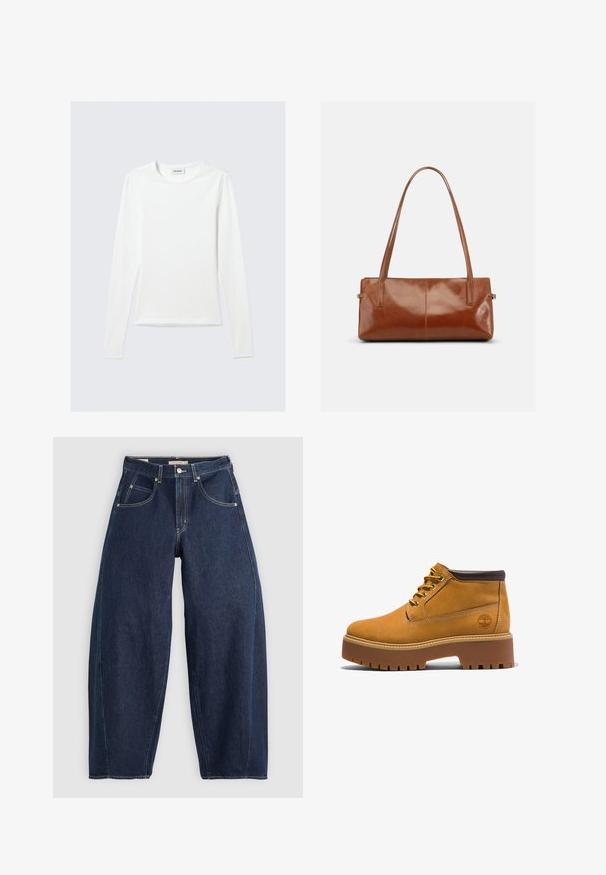 Effen wit shirt met lange mouwen en ronde hals, slim fit, afgebeeld tegen een lichtgrijze achtergrond.; Donkerblauwe denim jeans met een losse fit, lichte stiksels, vijf zakken en een knoopsluiting op de taille.; Tan leren enkelboots met een ronde neus, bruine accenten, een dikke plateauzool en contrasterende gele veters. Heeft een logo aan de zijkant.; Rechthoekige bruine leren handtas met twee lange schouderriemen, een gladde glanzende afwerking en een minimalistisch ontwerp op een effen achtergrond.