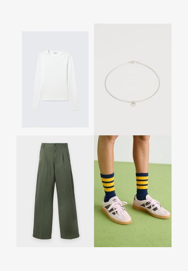 Valge ühevärviline pikkade varrukatega ümara kaelusega slim-fit särk, esitletud helehallil taustal.; Rohelised laia säärega puuvillast püksid, millel on nööpidega kinnis, volditud esikülg ja sile tekstuur sirge äärega.; Kerged roosa seemisnahast tossud mustade triipudega ja kummist tallaga, koos tumesiniste ja kollaste triipudega ribakudumiga sokkidega. Roheline tekstuuriga põrand.; Hõbedast kettkaelakee, millel on üks ümmargune läbipaistev vääriskivi ripats, paigutatud tavalise valge tausta keskele.
