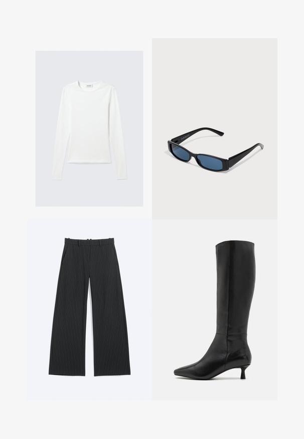 Effen wit shirt met lange mouwen en ronde hals, slim fit, afgebeeld tegen een lichtgrijze achtergrond.; Zwarte broek met wijde pijpen en dunne witte krijtstrepen, met riemlussen, voorzakken en een onzichtbare voorsluiting.; Zign Laarzen - black; Zwarte zonnebril met een slank rechthoekig frame en blauwe lenzen. Heeft een gladde textuur en stevige pootjes. Merklogo aan de zijkant.