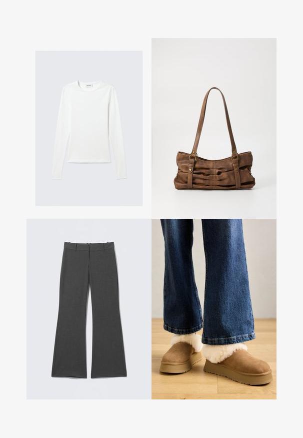 T-shirt blanc uni à manches longues avec col rond et coupe slim, présenté sur un fond gris clair.; Pantalon gris évasé en tissu léger. Il présente une ceinture plate, des coutures discrètes et une texture lisse sans motifs visibles.; Chaussons en daim marron avec un épais revers en fourrure légère, montés sur une semelle plateforme beige, associés à un jean en denim à coupe large.; Even&Odd Sac à main - brown