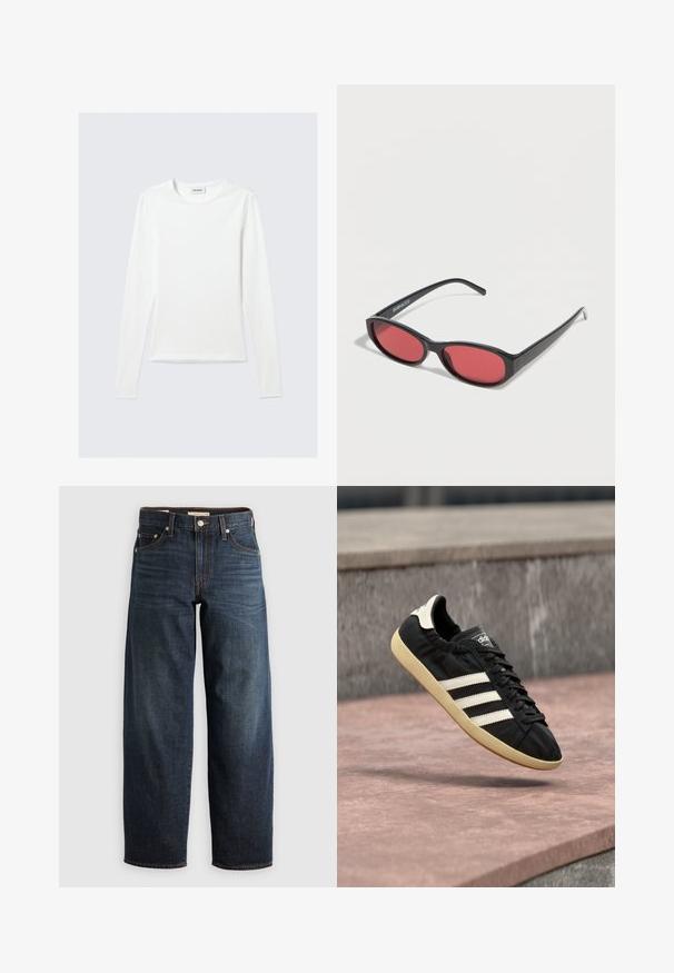 Camiseta blanca lisa de manga larga con cuello redondo y corte ajustado, mostrada sobre un fondo gris claro.; Jeans oscuros de denim, con un diseño de pierna recta, estilo de cinco bolsillos, y acentos de costura superior con cierre de botón.; Zapatilla negra Adidas con rayas blancas y suela beige, capturada en el aire sobre una superficie de piedra y con fondo de muro de piedra.; Gafas de sol ovaladas negras con varillas delgadas y lentes tintados de rojo descansando sobre una superficie blanca.